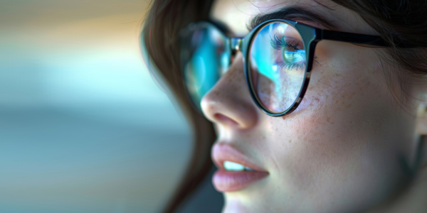 Frau mit Brille und blauem Licht 