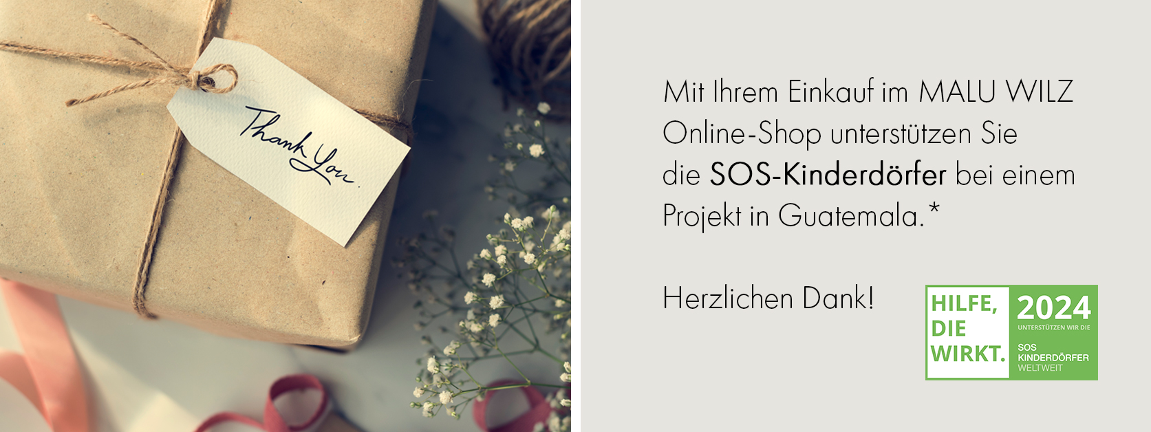 Paket mit Danke und Hinweis auf Spende