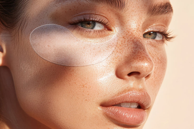 Close-up Frau mit Sommersprossen und Eye-Pad unter dem Auge