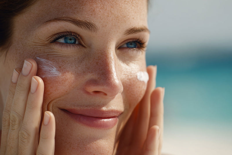 Frau cremt sich das Gesicht ein, beide Hände am Gesicht, im Hintergrund das Meer