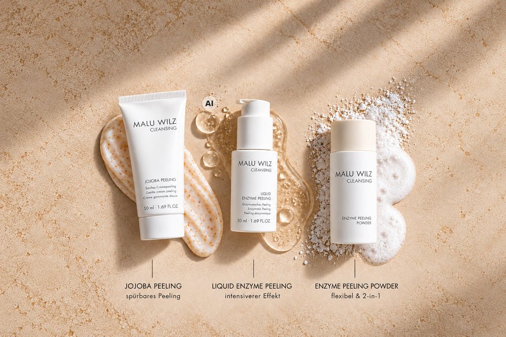 MALU WILZ Gesichtspeelings im Vergleich: Jojoba Peeling, Liquid Enzyme Peeling und Enzyme Peeling Powder.