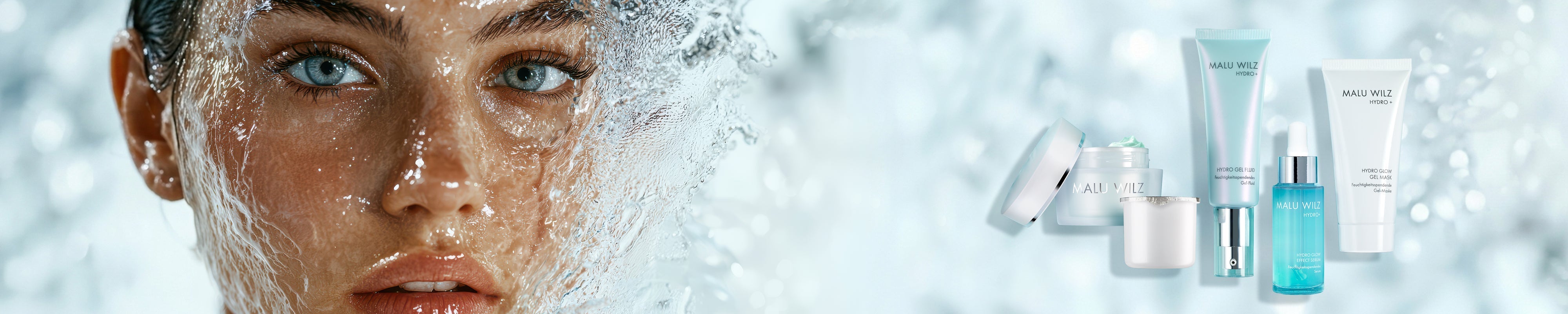 Close-up Gesicht Frau mit Wasser Splash und Hydro Produkte an der Seite