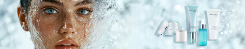Close-up Gesicht Frau mit Wasser Splash und Hydro Produkte an der Seite