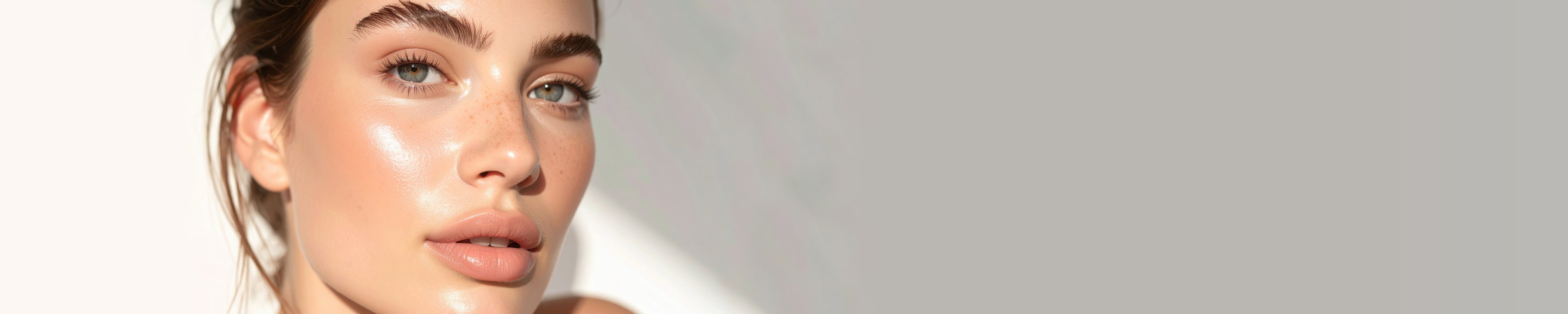 Close-up Frau mit Glow vor grauem Hintergrund mit Highlighter-Textur an der Seite