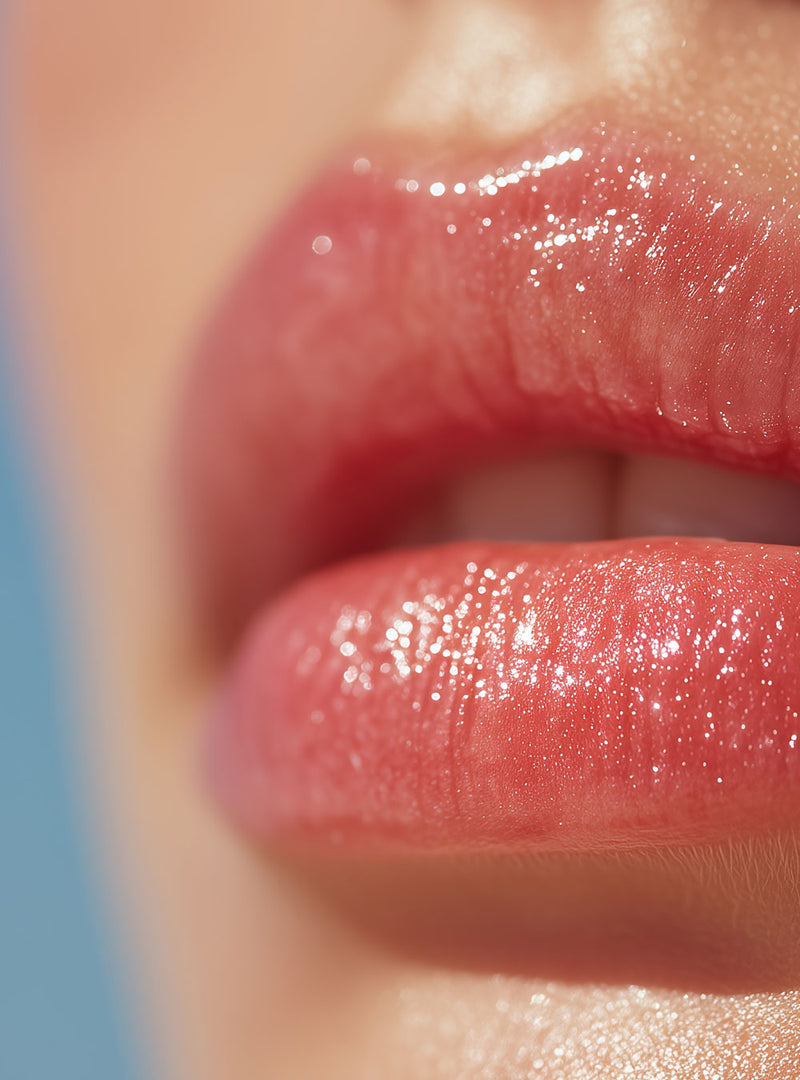 MALU WILZ Tasty Summer Lips Banner: Close-up von glänzenden, korallenfarbenen Lippen vor hellblauem Hintergrund.