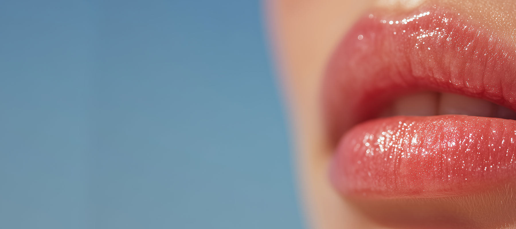 MALU WILZ Tasty Summer Lips Banner: Close-up von glänzenden, korallenfarbenen Lippen vor hellblauem Hintergrund.