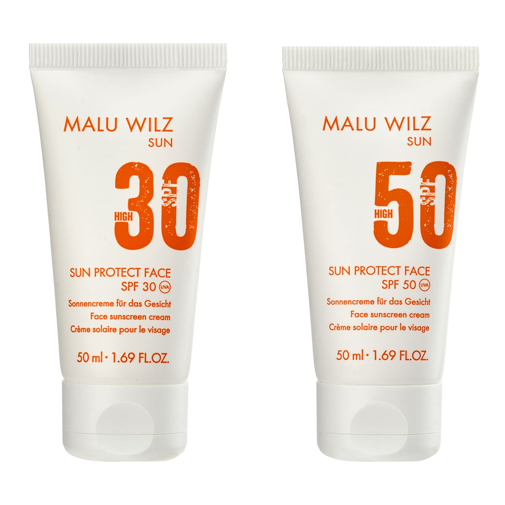 Zwei weiße Tuben der Malu Wilz Sun Protect Face Sonnencreme mit Lichtschutzfaktor 30 und 50.