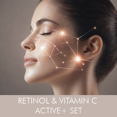 Download-Link Retinol - Profilansicht einer Frau mit strahlender Haut, überlagert mit einer leuchtenden Netzwerk-Grafik als Symbol für moderne Hautpflege.