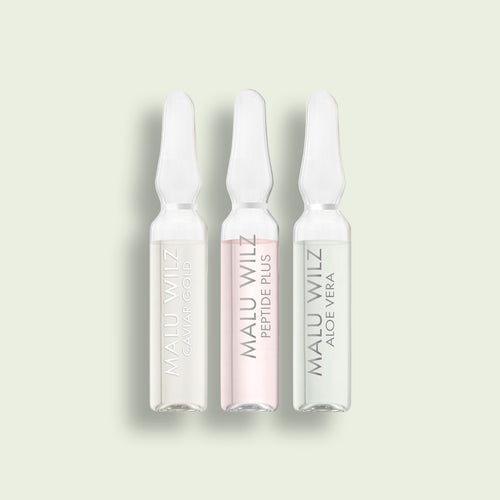 Drei Malu Wilz Ampullen mit unterschiedlichen Wirkstoffen: Caviar Gold, Hydro Control und Aloe Vera.