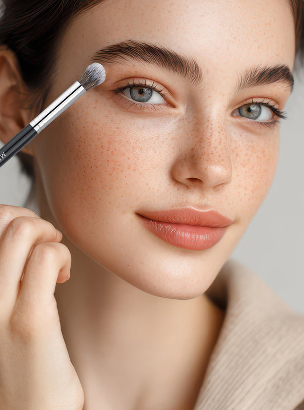 MALU WILZ Eye Brush: Anwendung eines weichen Lidschattenpinsels am Auge einer jungen Frau mit Sommersprossen.
