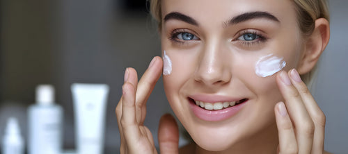 Nahaufnahme einer lächelnden Frau, die sich Creme auf ihre Wangen aufträgt, mit unscharfen Hautpflegeprodukten im Hintergrund.
