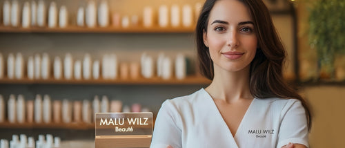 Eine freundliche Kosmetikerin im weißen Arbeitskittel vor einem Verkaufsregal mit Malu Wilz Produkten, davor steht ein beleuchtetes 'Malu Wilz Beauté' Schild.