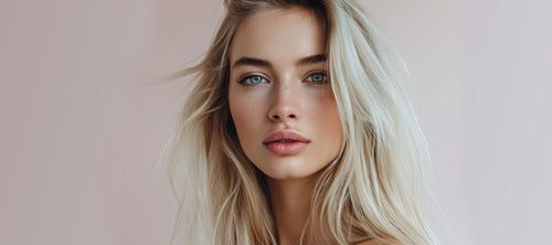 MALU WILZ Kosmetik-Angebote: Blonde Frau mit natürlichem Make-up auf einem Aktions- und Rabattbanner.