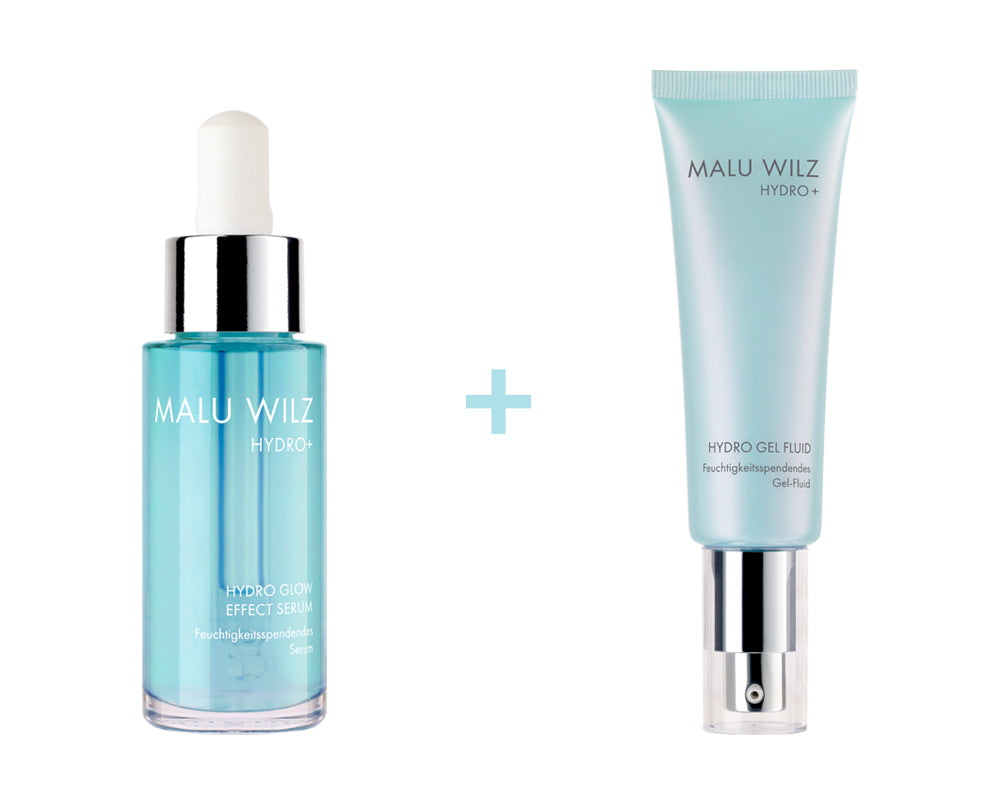 Kombination aus zwei Malu Wilz Hydro+ Pflegeprodukten: Hydro Glow Effect Serum und Hydro Gel Fluid.