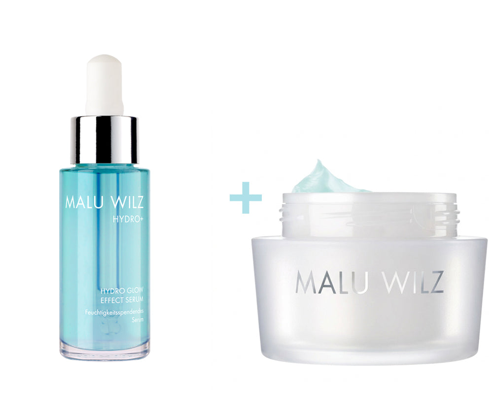 Kombination aus zwei Malu Wilz Hydro+ Pflegeprodukten: Hydro Glow Effect Serum und Hydro Glow Moisture Cream.