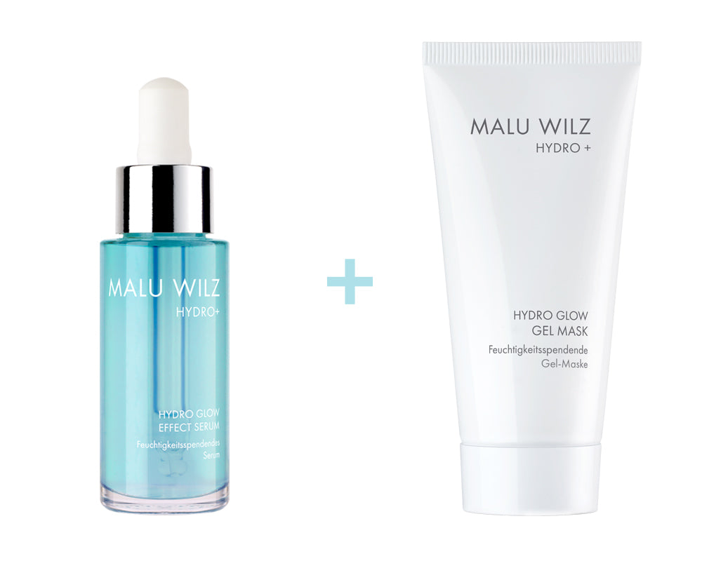 Kombination aus zwei Malu Wilz Hydro+ Pflegeprodukten: Hydro Glow Effect Serum und Hydro Glow Gel Mask.