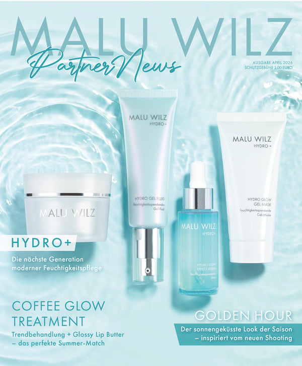 Titelblatt der Malu Wilz 'Partner News' vom April 2026 mit Hydro+ Produkten vor einer Wasseroberfläche