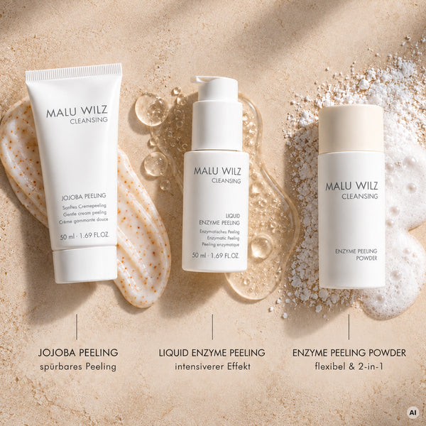 MALU WILZ Gesichtspeelings im Vergleich: Jojoba Peeling, Liquid Enzyme Peeling und Enzyme Peeling Powder.