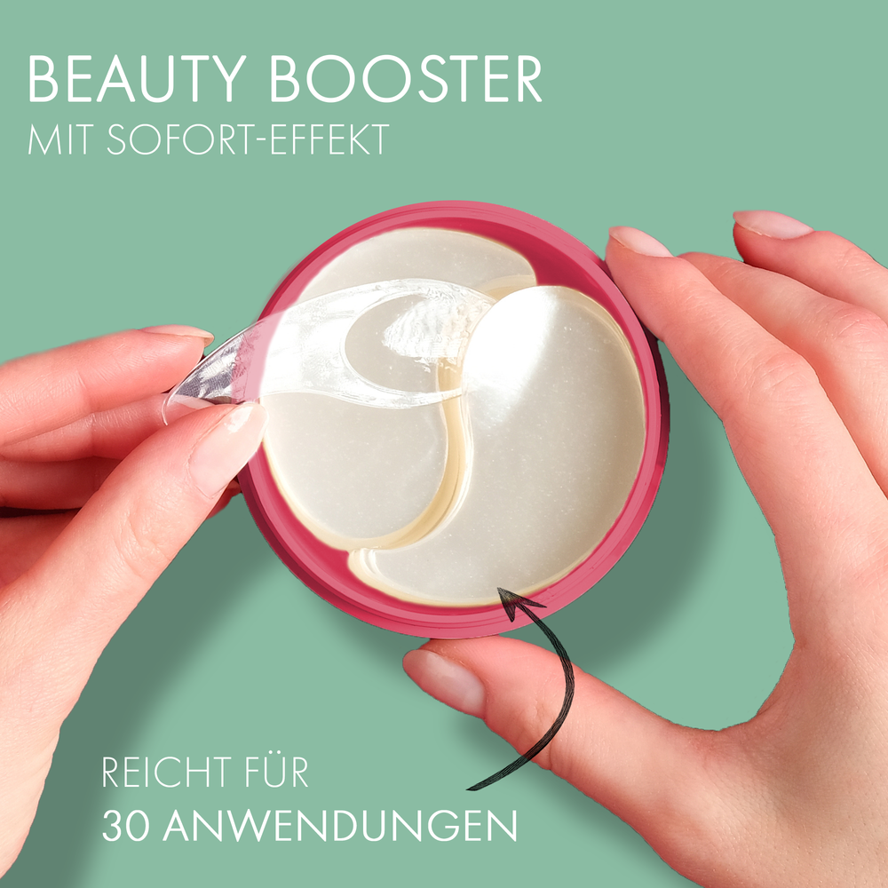 Offene Dose mit Peptide Plus Eye Pads, eine Hand holt ein Pad heraus.