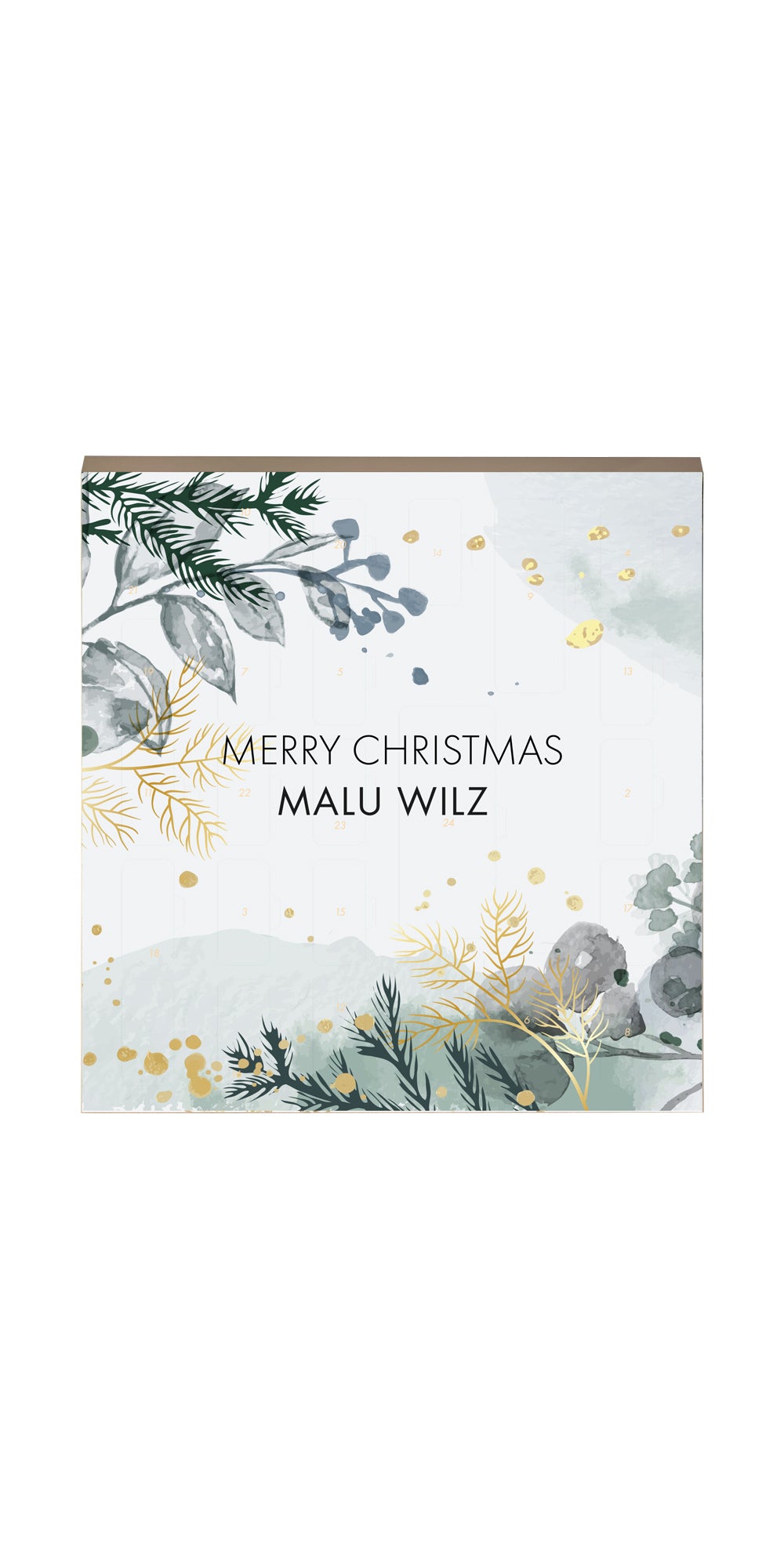 Festlich gestalteter Malu Wilz Adventskalender mit weihnachtlichem Zweig-Design und goldenen Akzenten.