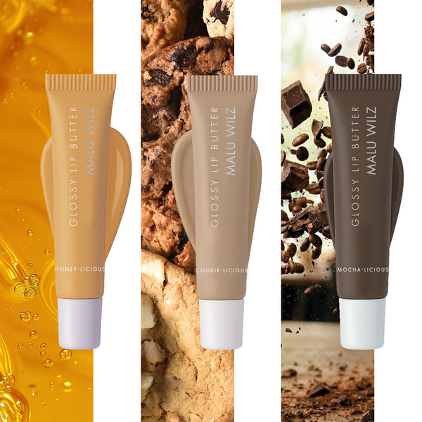 Drei Tuben Malu Wilz Glossy Lip Butter in den Varianten 'Honey-licious', 'Cookie-licious' und 'Mocha-licious', jeweils mit einem dazu passenden Farbabstrich im Hintergrund