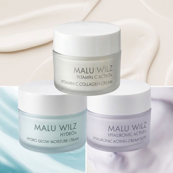 Drei MALU WILZ Gesichtscremes: Vitamin C Collagen Cream, Hydro Glow Moisture Cream und Hyaluronic Active+ Cream Soft