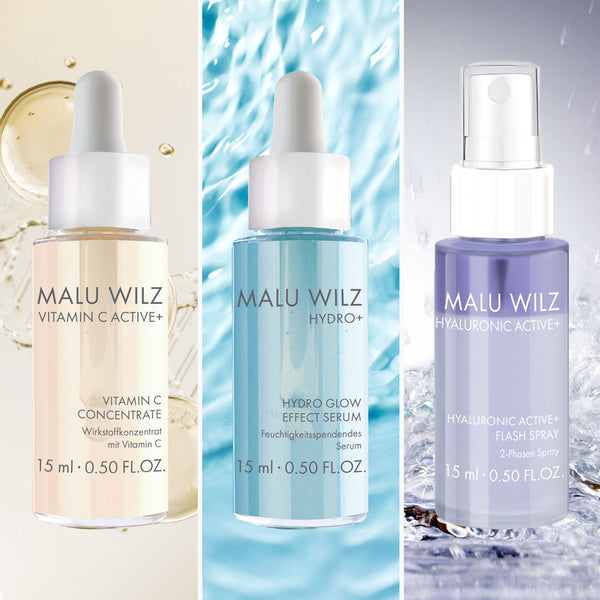 Drei MALU WILZ Seren: Vitamin C Concentrate, Hydro Glow Effect Serum und Hyaluronic Active+ Flash Spray